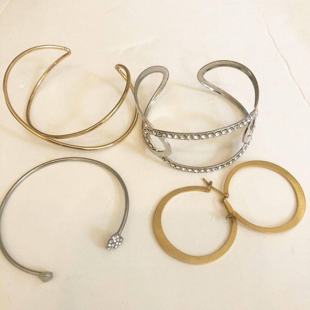 Bracelets Earrings Costume Jewelry LOT of 4 Goldtone Silvertone Unbranded Cuff